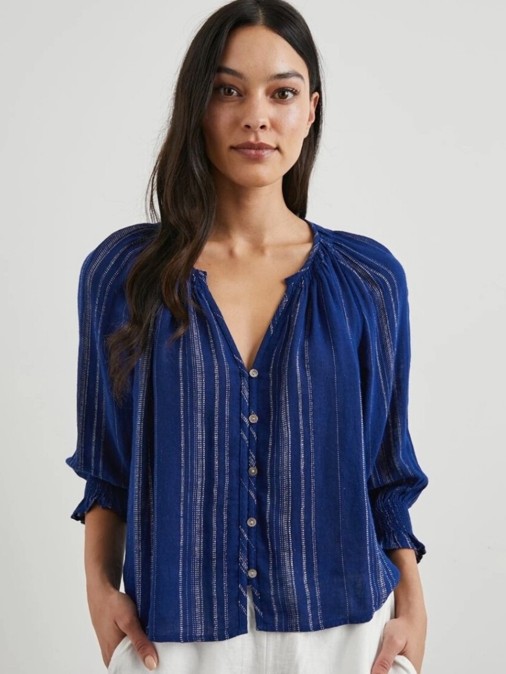 Rails "Mariah" Noja Stripe Blue Linen Blend Shell Button Down Peasant Blouse Top - Picture 3 of 15